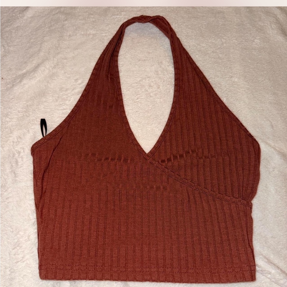 Brown Halter Neck Ribbed Top